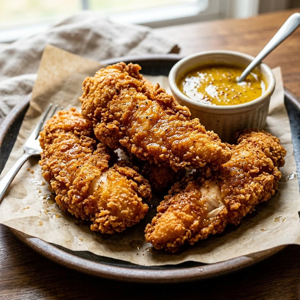 Crispy chicken tenders served with dipping sauce on a plate.