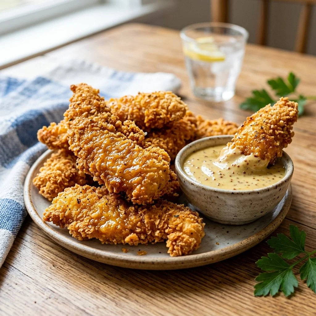 Plate of crispy oven-baked chicken tenders with dipping sauce.