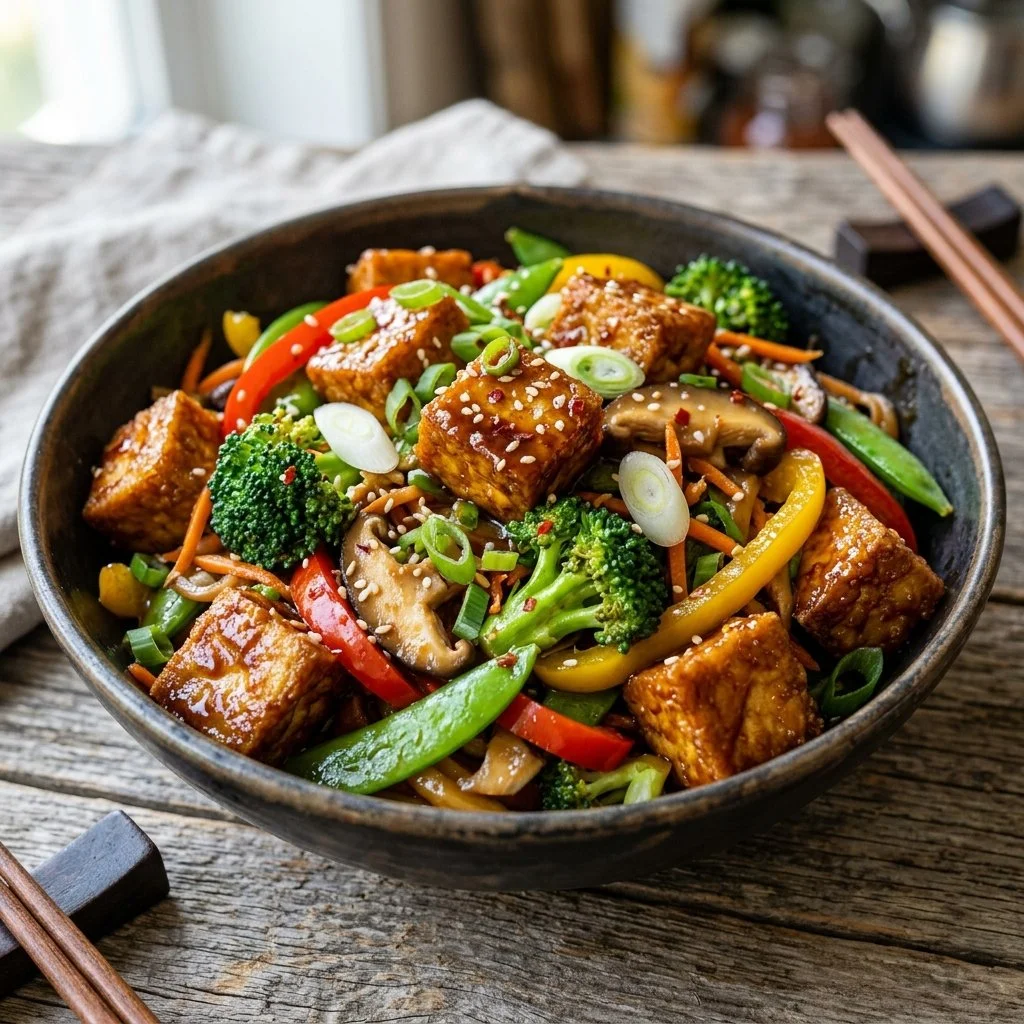 Crispy Tofu Stir Fry with colorful vegetables in a bowl
