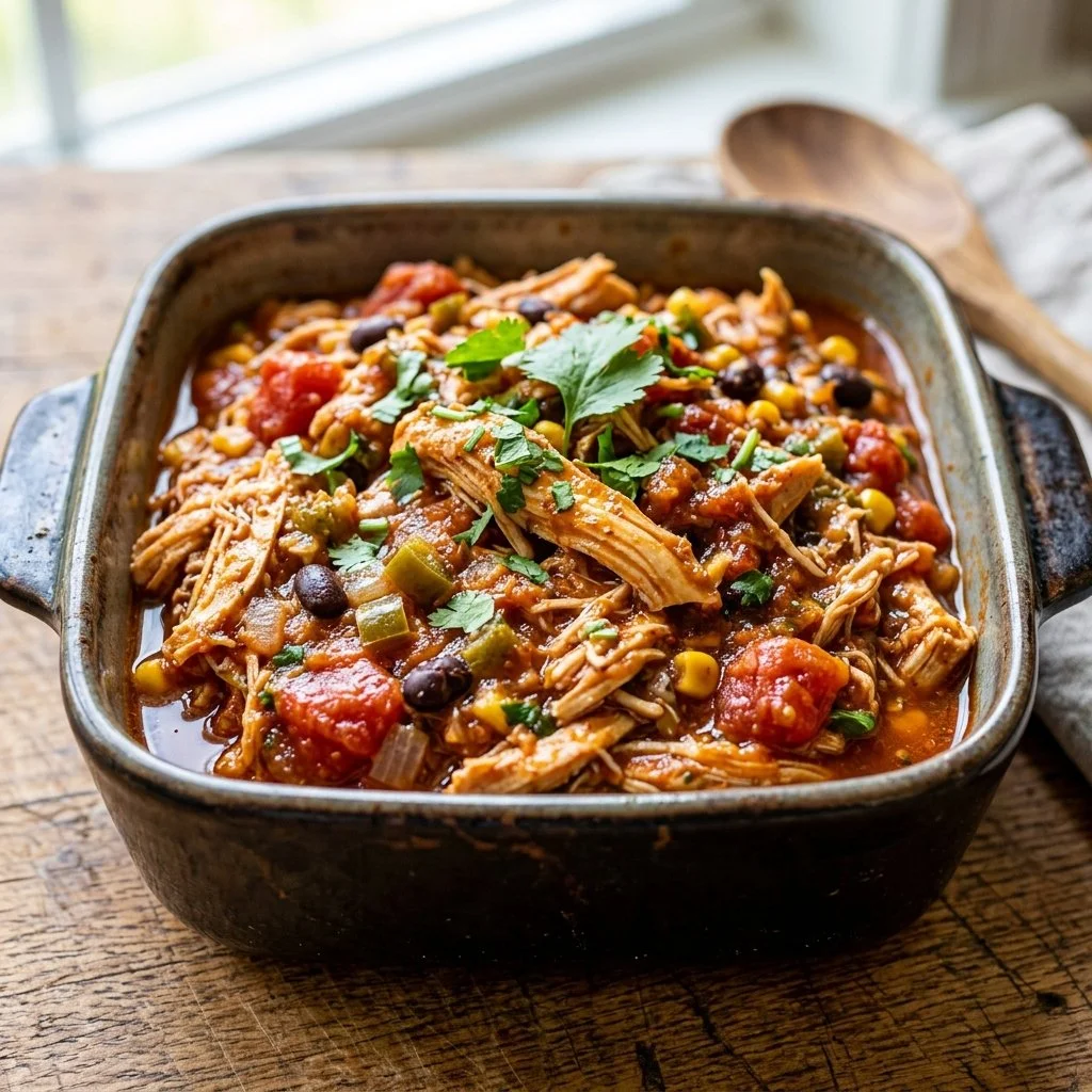Delicious Crock Pot Salsa Chicken served in a bowl with toppings
