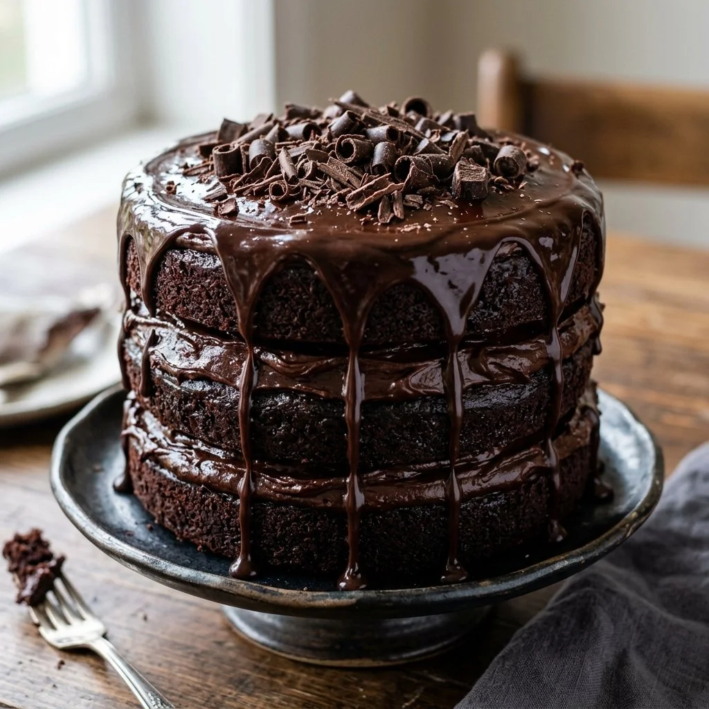 Death By Chocolate Cake featuring layers of rich chocolate cake and creamy frosting