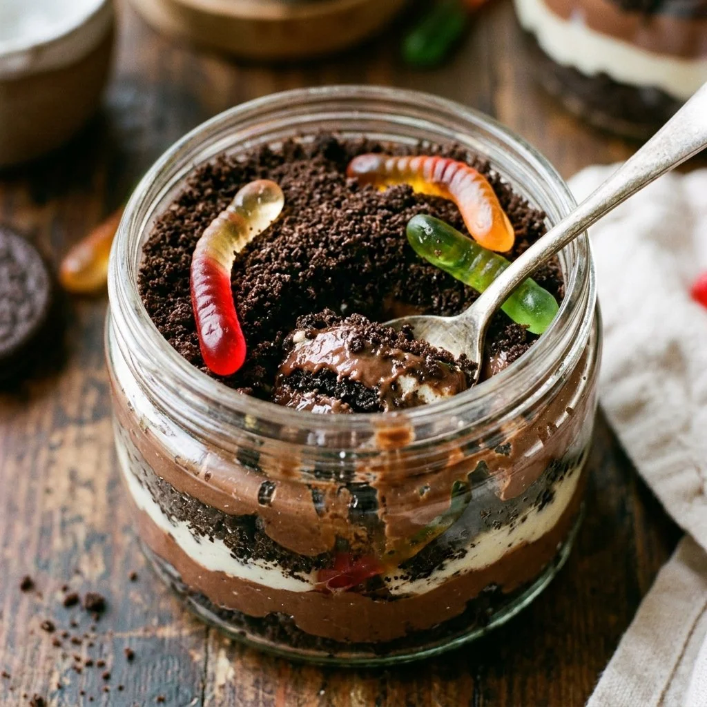 Delicious Dirt Pudding dessert with chocolate and gummy worms topped with crushed cookies.
