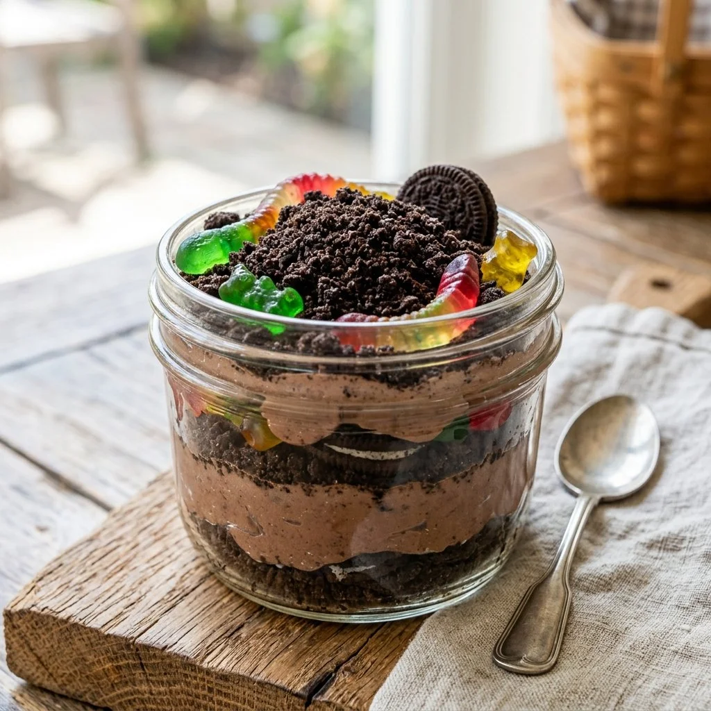 Delicious Dirt Pudding served in a clear cup with gummy worms and chocolate crumbles