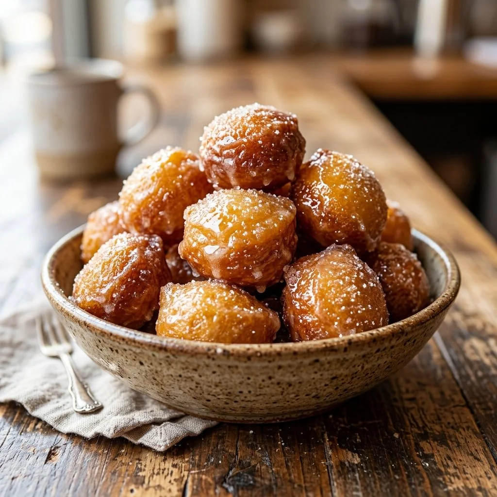 A plate of freshly made, fluffy donut holes dusted with powdered sugar