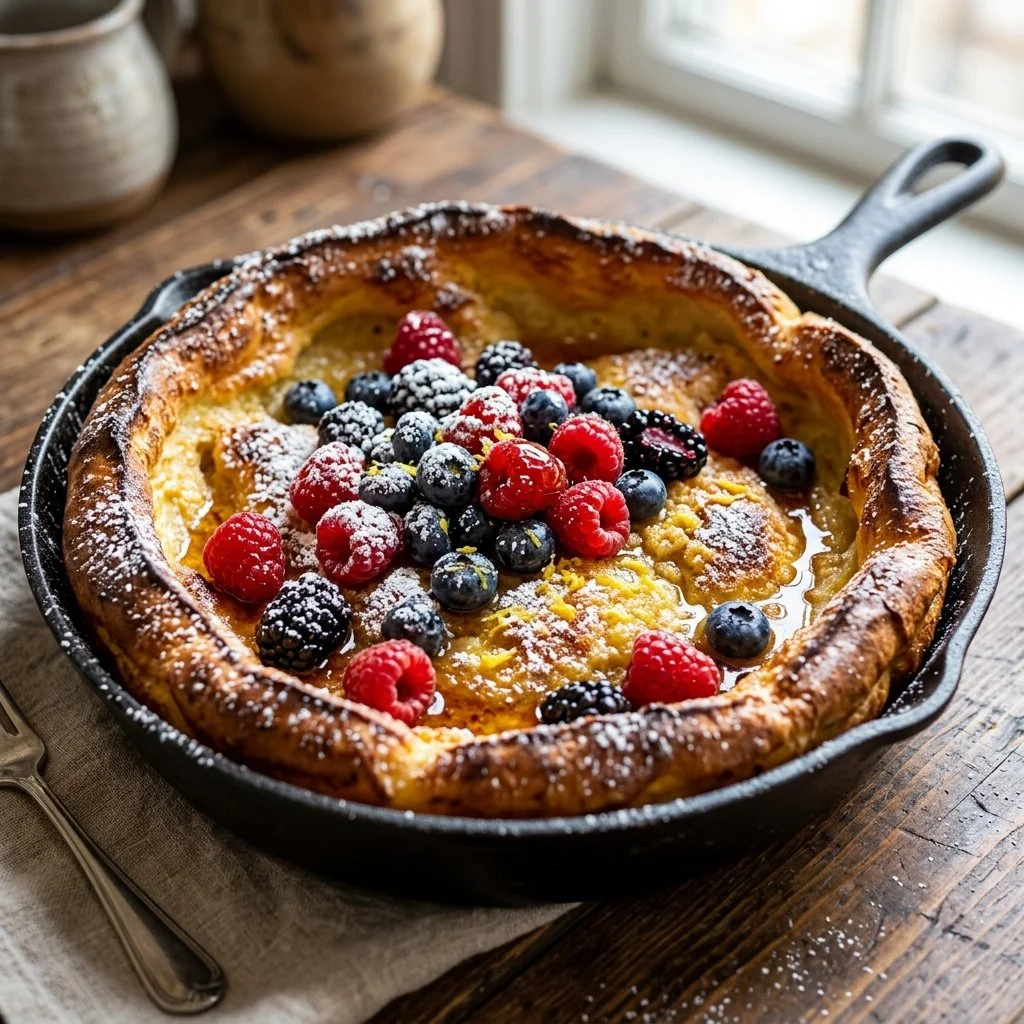 Fluffy Dutch Baby pancake served with fresh fruits and powdered sugar.