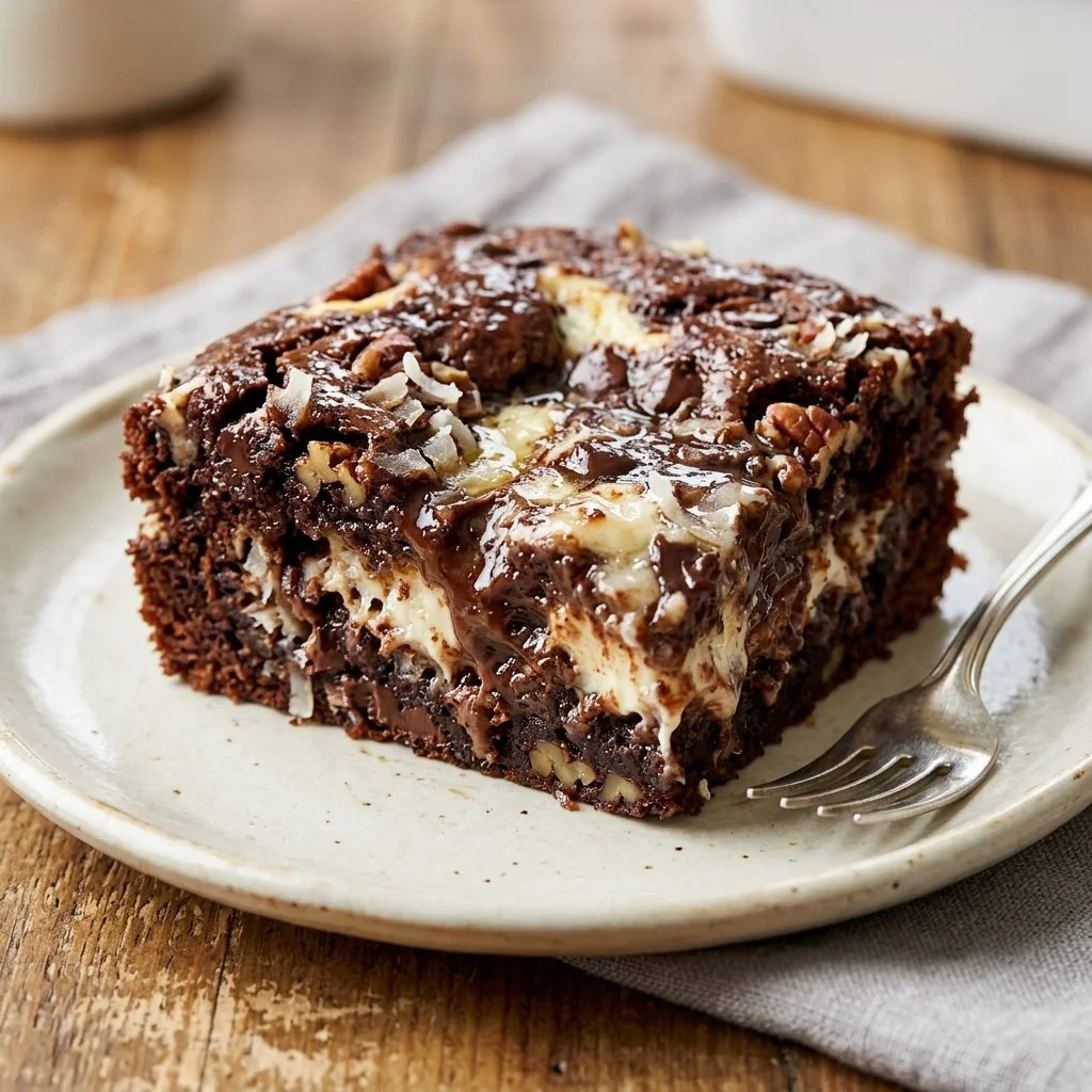 Delicious slice of Earthquake Cake topped with cream cheese frosting and nuts.