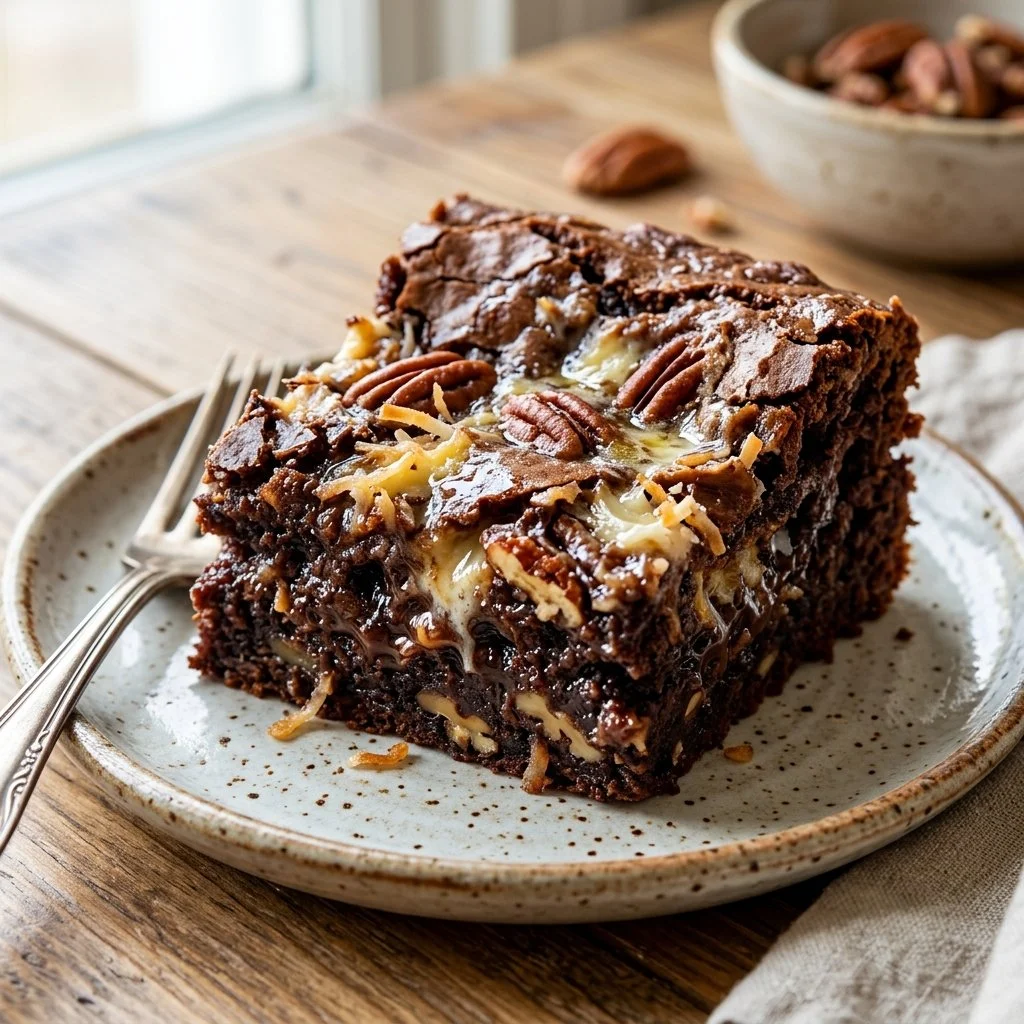 Deliciously gooey Earthquake Cake topped with nuts and chocolate.