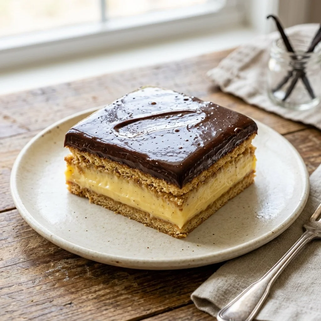 Delicious Eclair Cake with chocolate frosting and cream filling.