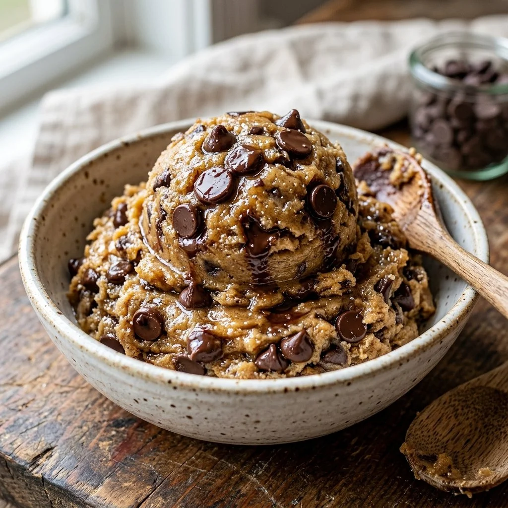 Bowl of delicious edible cookie dough with chocolate chips ready to enjoy.