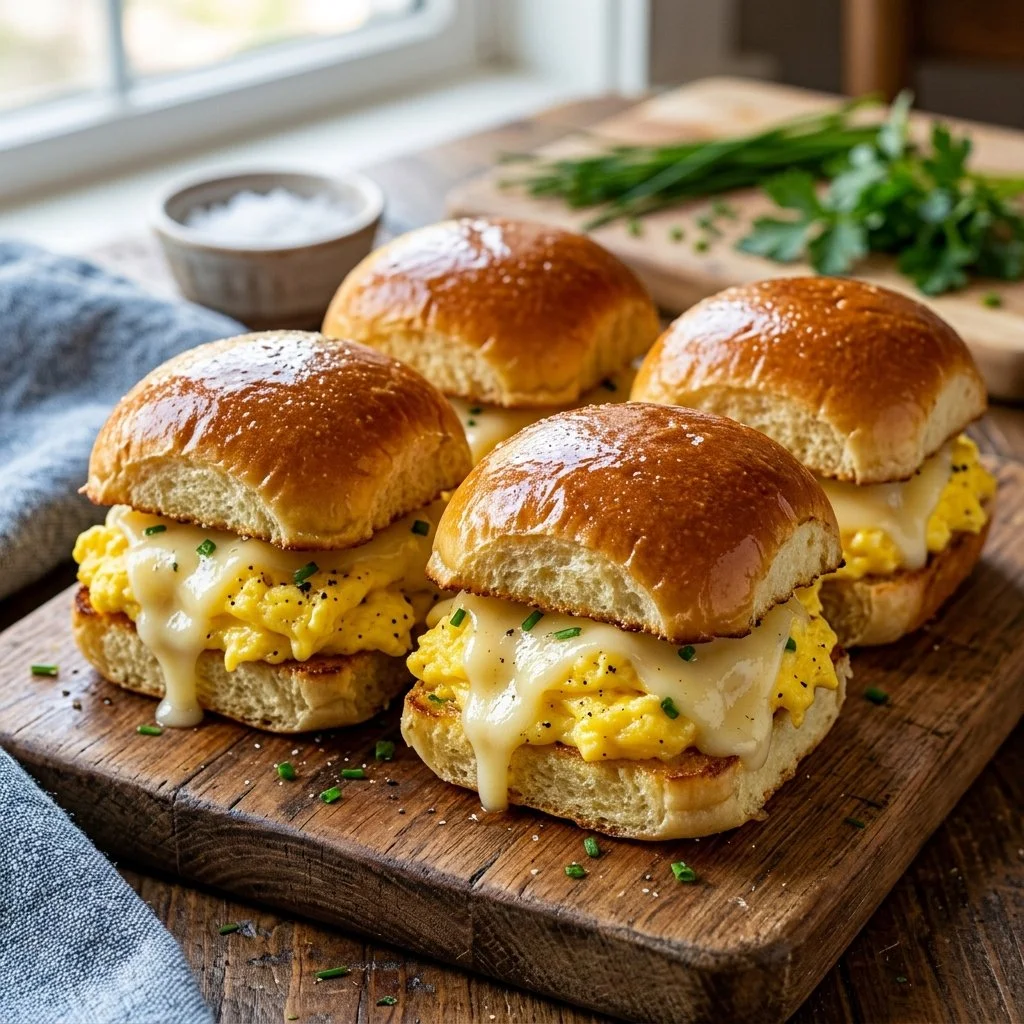 Egg and cheese breakfast sliders served on a platter