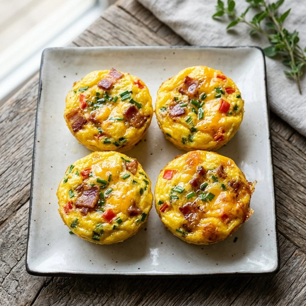 Plate of homemade egg bites with vegetables and cheese