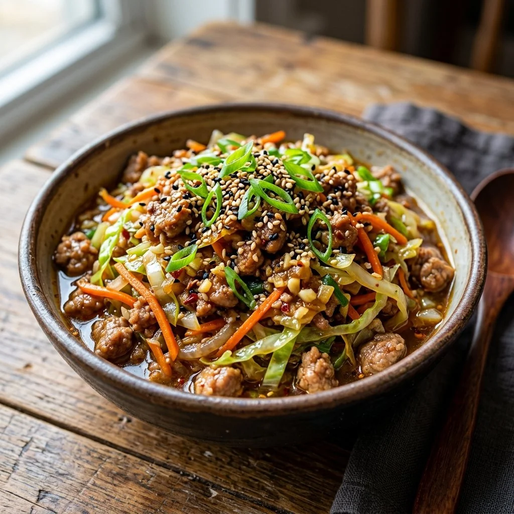 Delicious Egg Roll In A Bowl garnished with green onions and sesame seeds