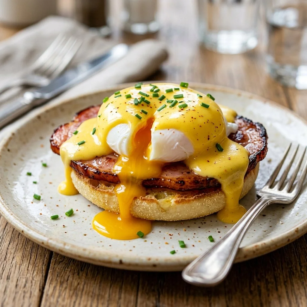 Delicious Eggs Benedict topped with creamy Hollandaise sauce served on a plate