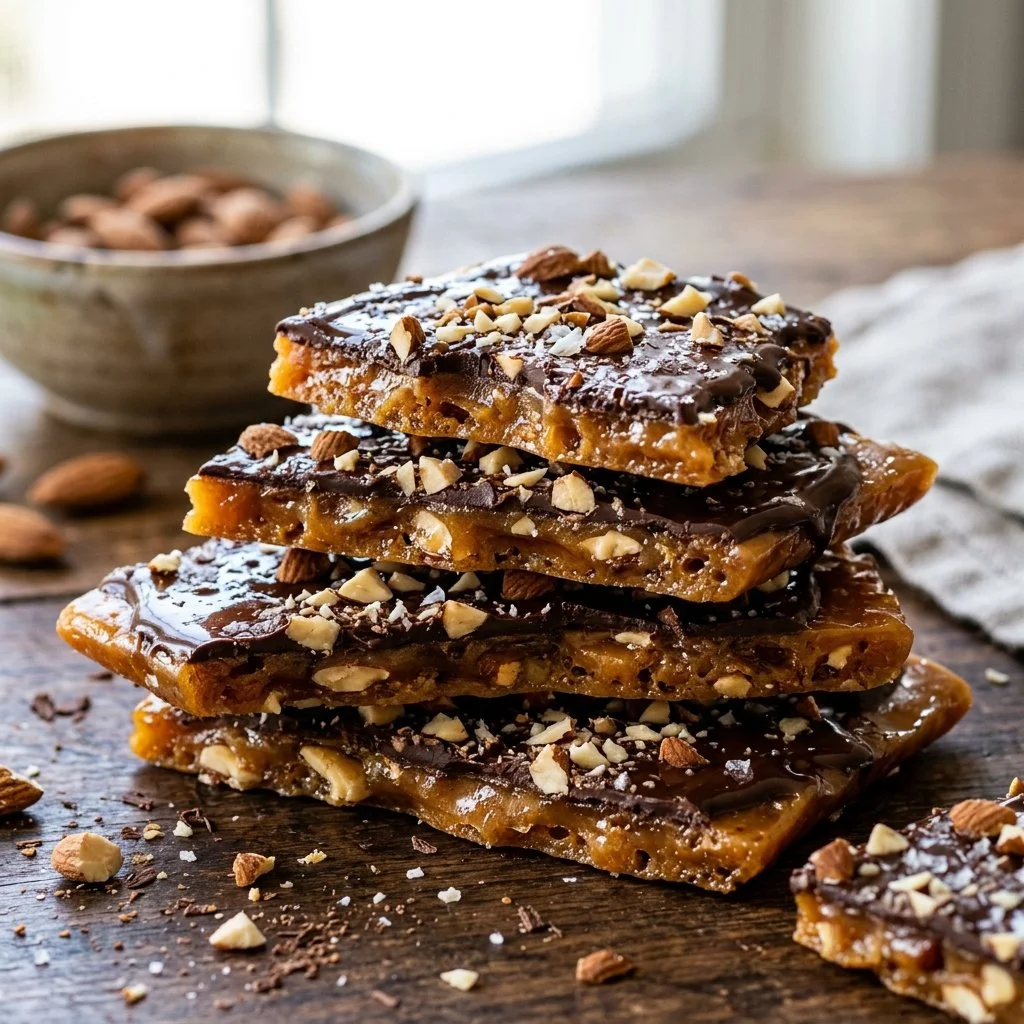 Delicious homemade English Toffee with a golden caramel texture and nutty topping.