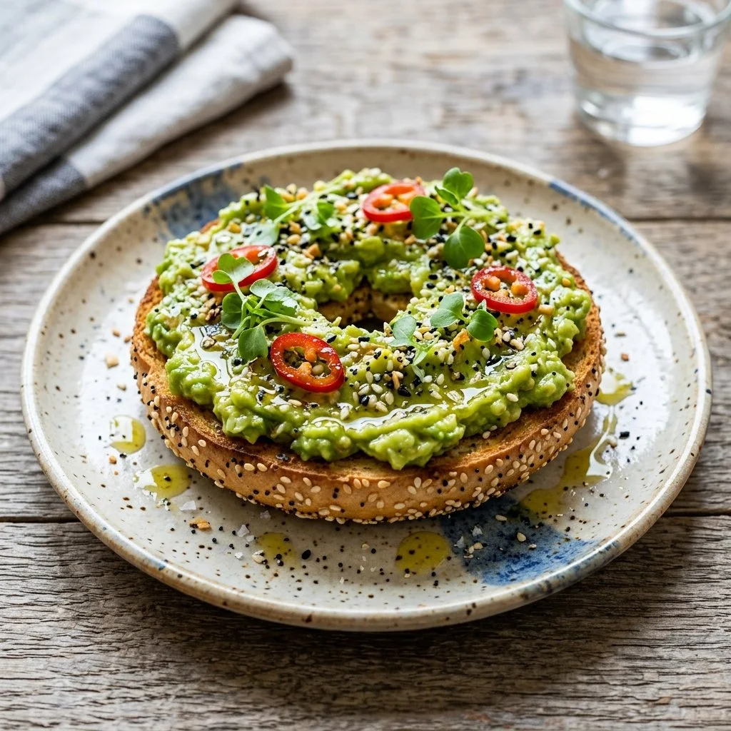 Everything Bagel Avocado Toast topped with fresh avocado and seasonings