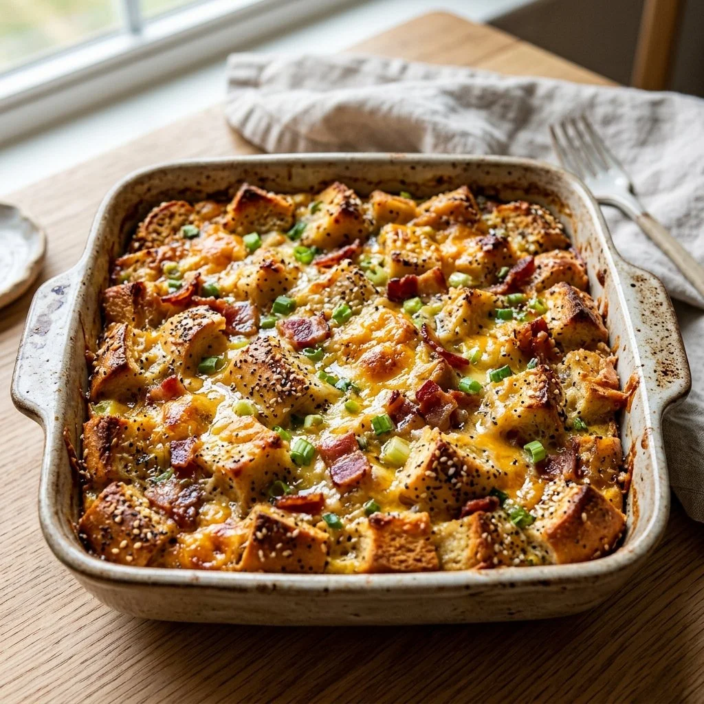 Delicious Everything Bagel Casserole served in a baking dish with toppings.