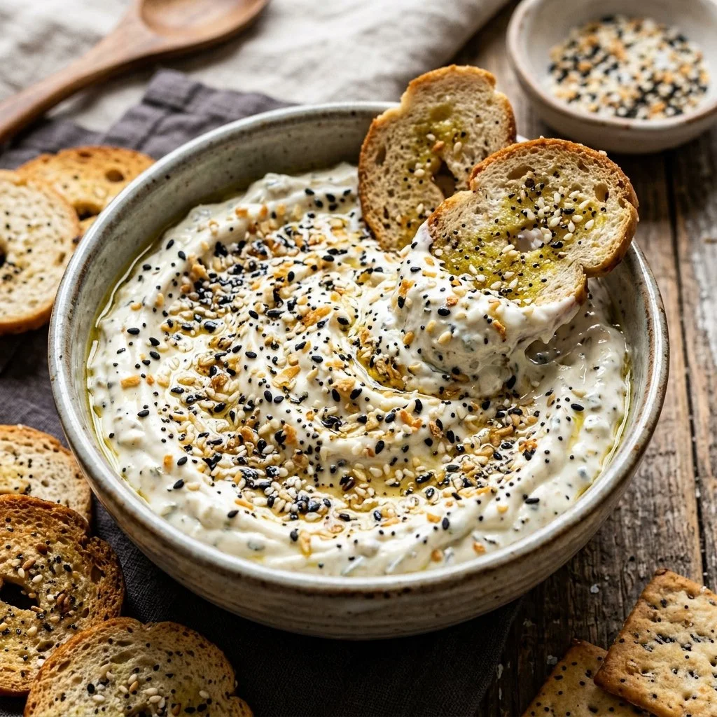 Delicious Everything Bagel Dip with toppings served in a bowl