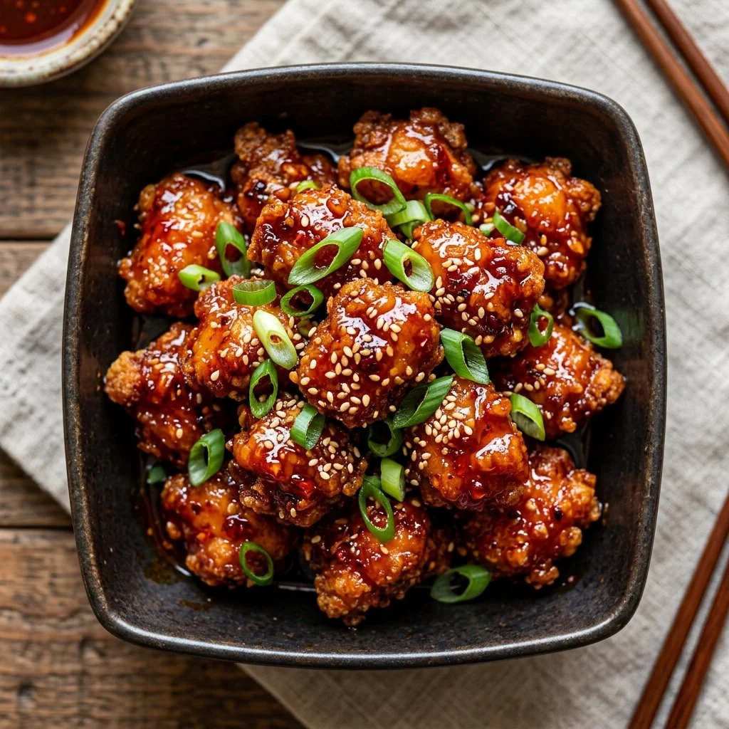 Delicious Firecracker Chicken served with fresh vegetables and rice.