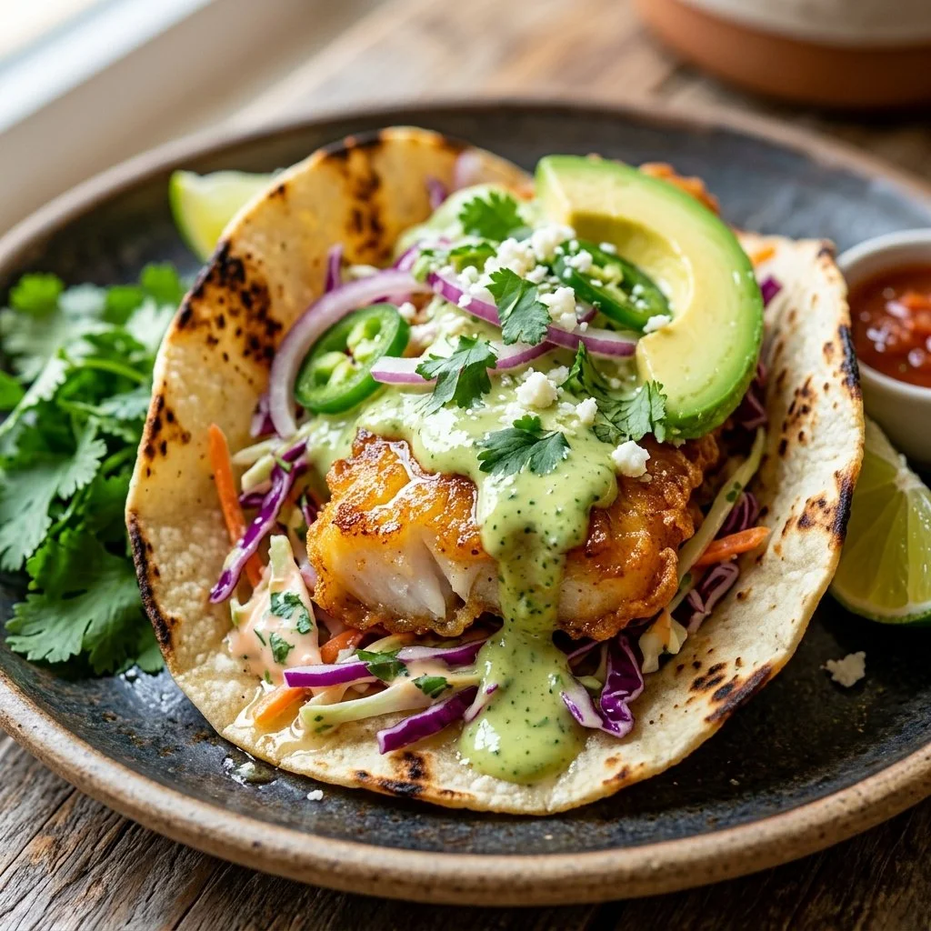 Plate of delicious fish tacos topped with fresh ingredients and vibrant salsa.