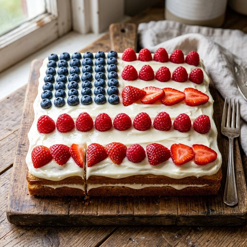 Delicious homemade Flag Cake decorated for patriotic celebrations