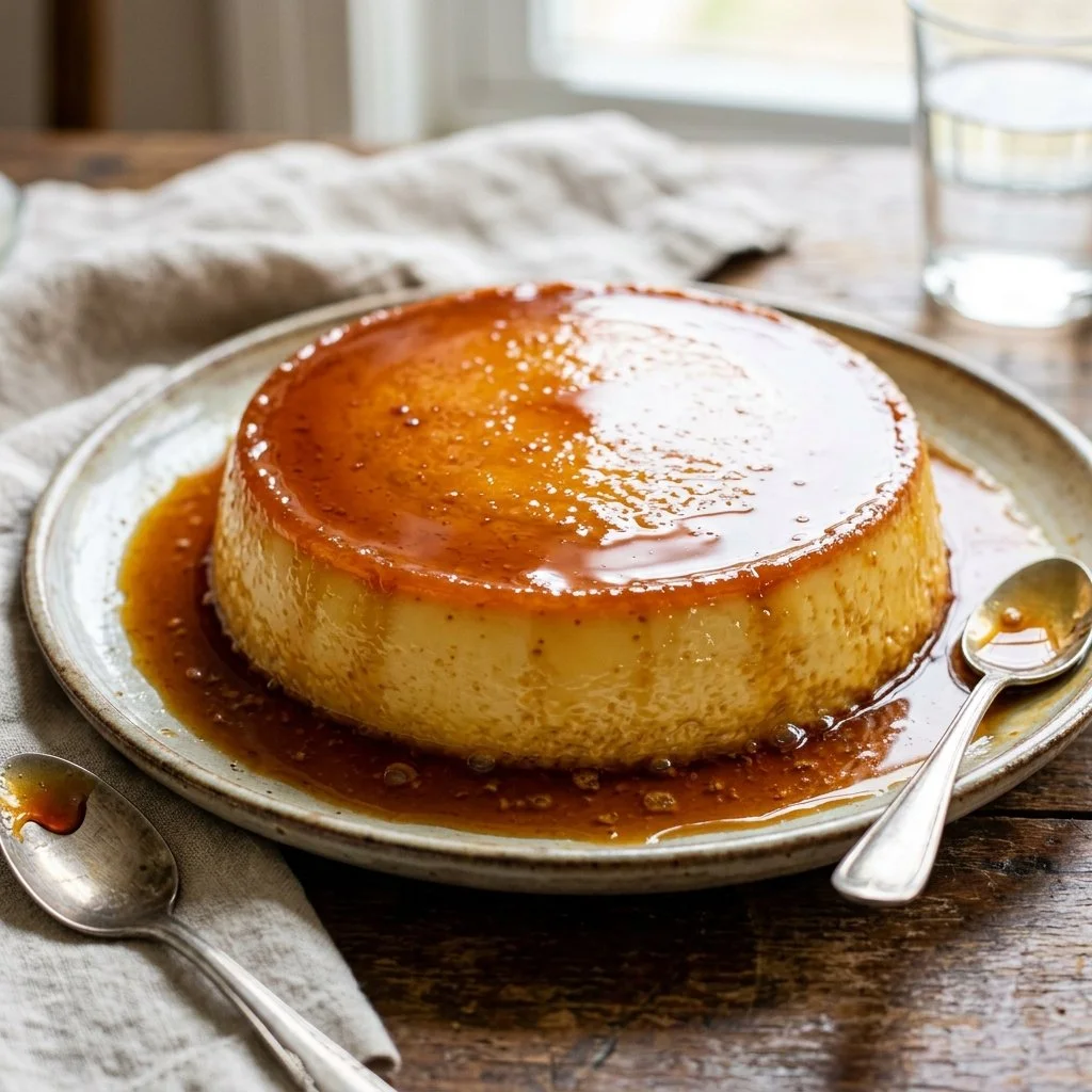 Delicious homemade flan dessert topped with caramel drizzle