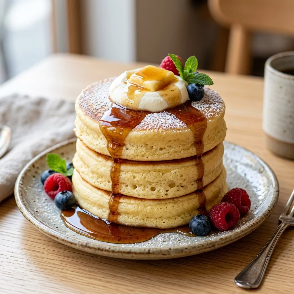 Fluffy Japanese pancakes stacked on a plate with syrup and fruit