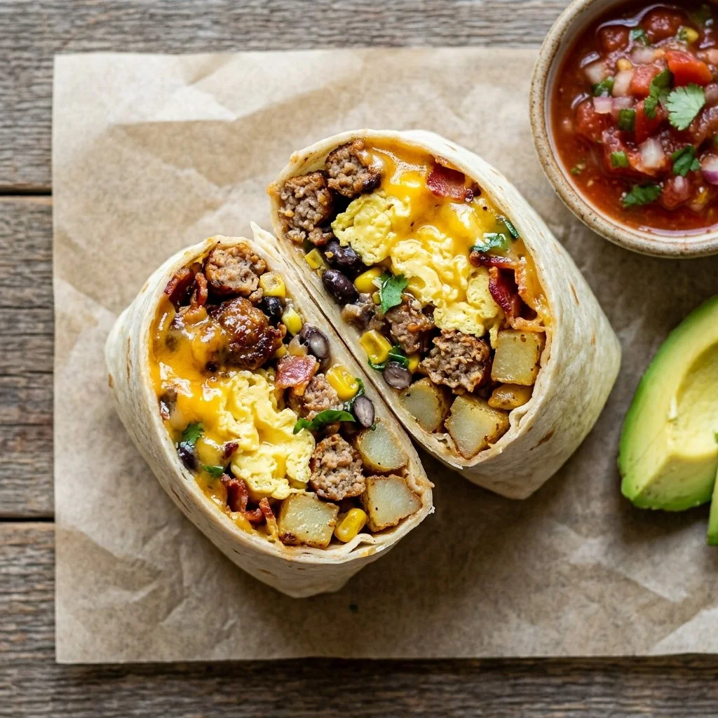 Homemade freezer breakfast burritos ready for a quick meal