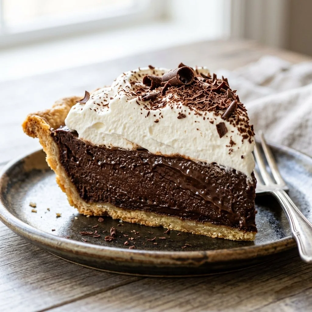 Delicious slice of French Silk Pie topped with whipped cream and chocolate shavings