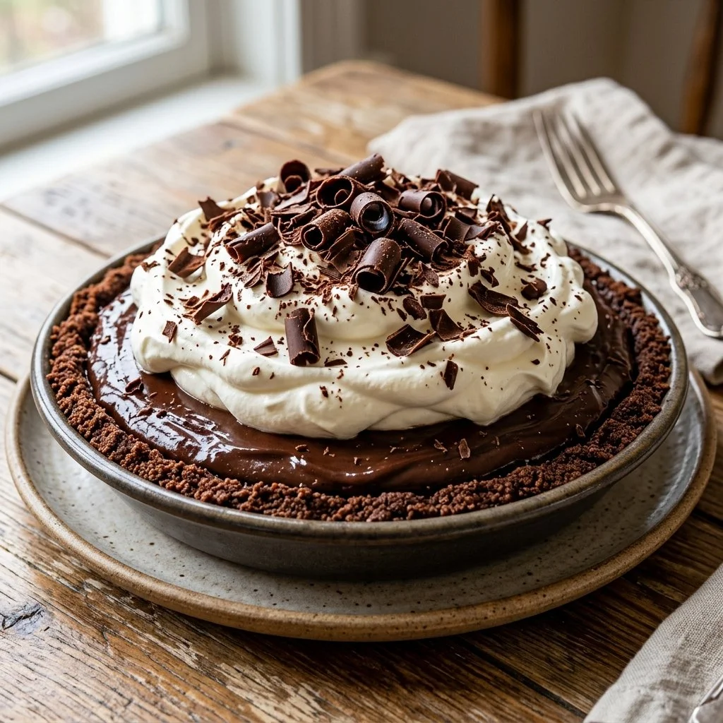 Delicious slice of French Silk Pie with whipped cream topping