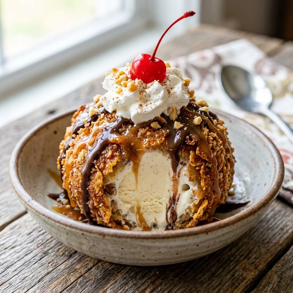 Delicious fried ice cream dessert topped with chocolate sauce and sprinkles