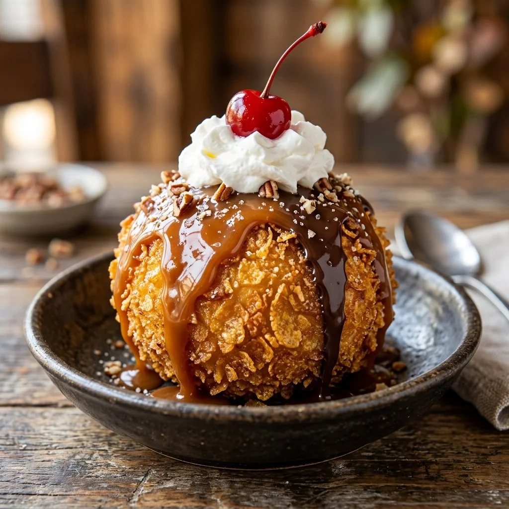 A delectable serving of fried ice cream topped with chocolate sauce and sprinkles.
