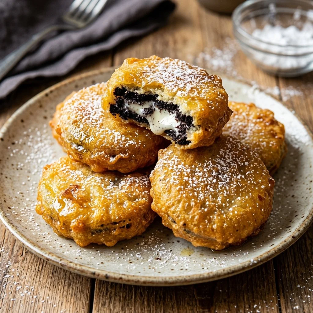 Delicious fried Oreos served warm with powdered sugar on top