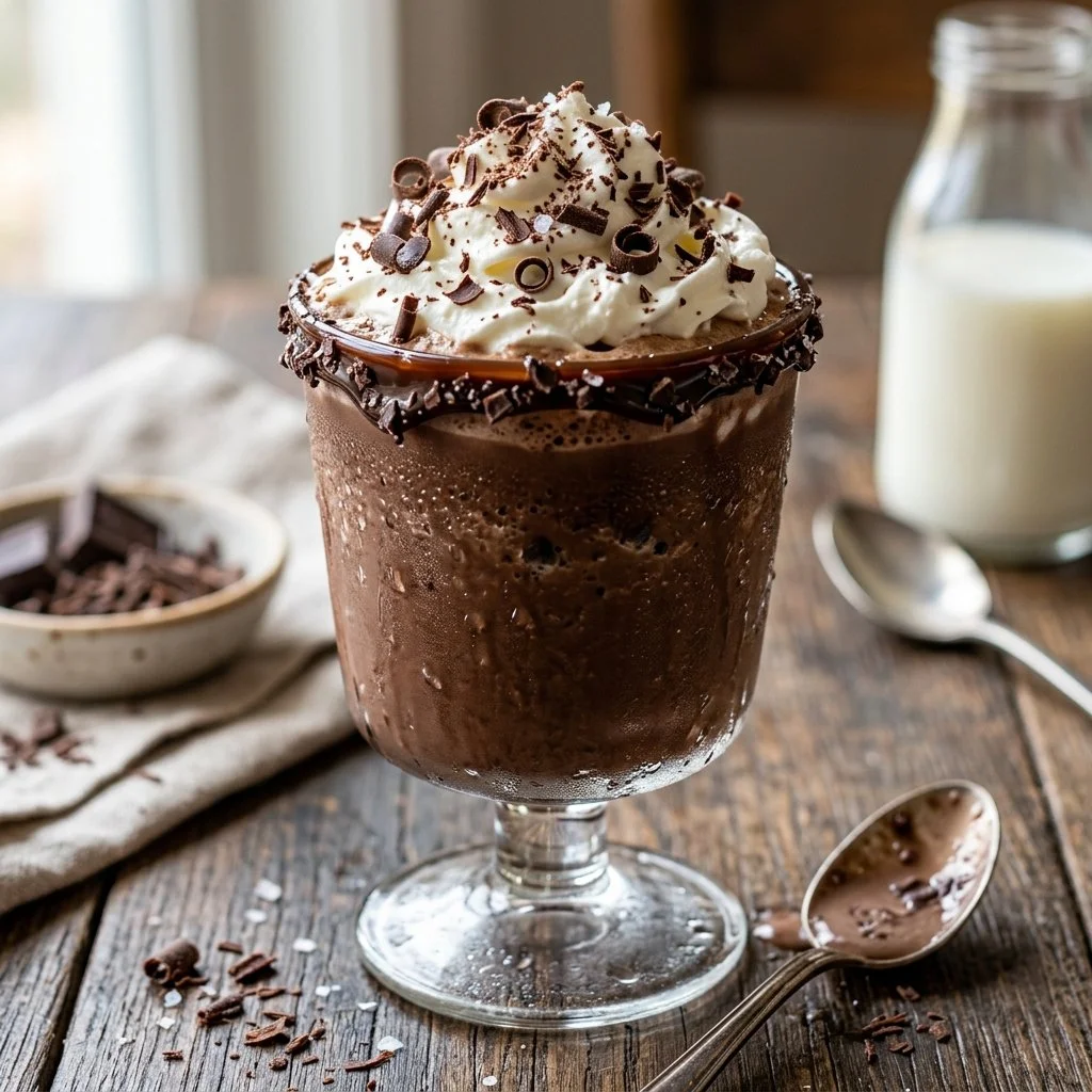 Refreshing Frozen Hot Chocolate topped with whipped cream and chocolate sprinkles