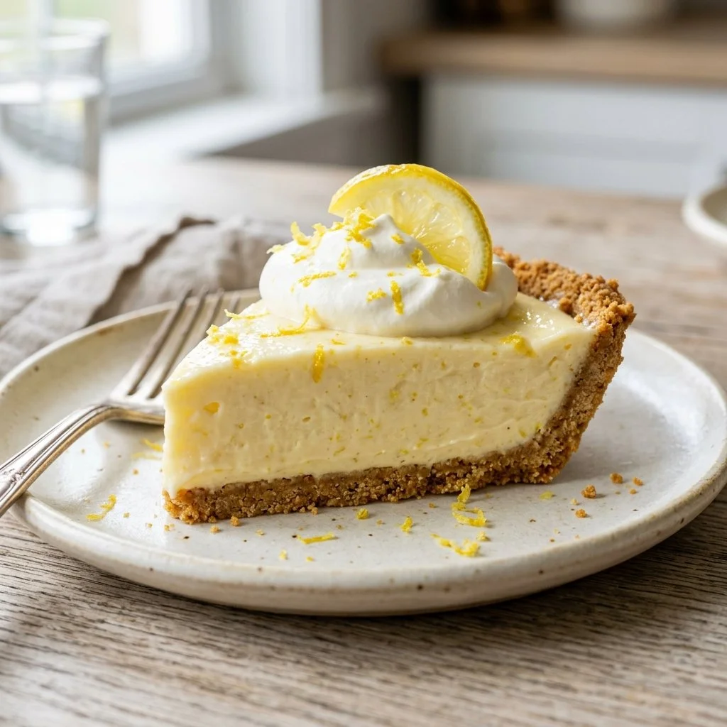 Slice of Frozen Lemonade Pie garnished with lemon slices and mint leaves