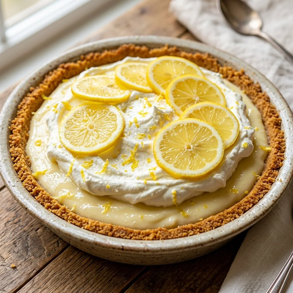 Delicious Frozen Lemonade Pie topped with whipped cream and lemon slices