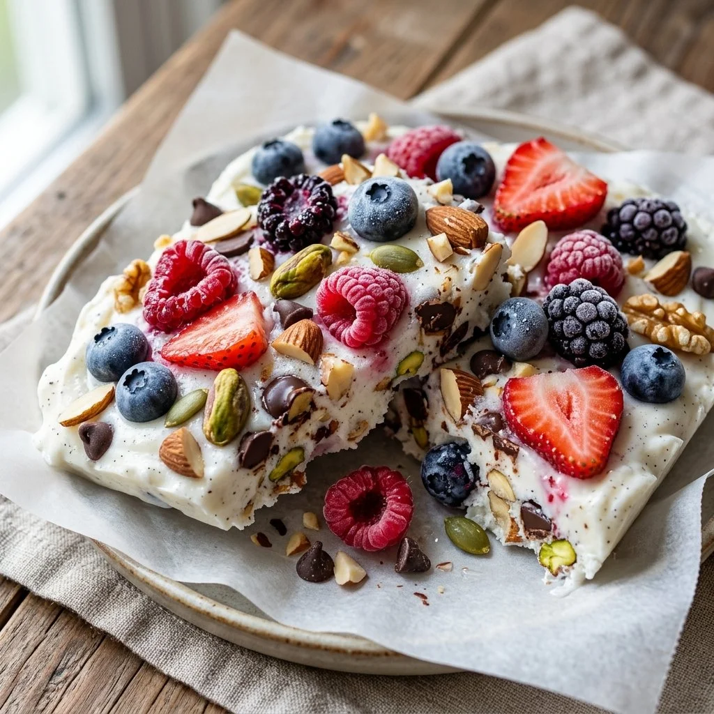 Delicious frozen yogurt bark topped with fruit and nuts