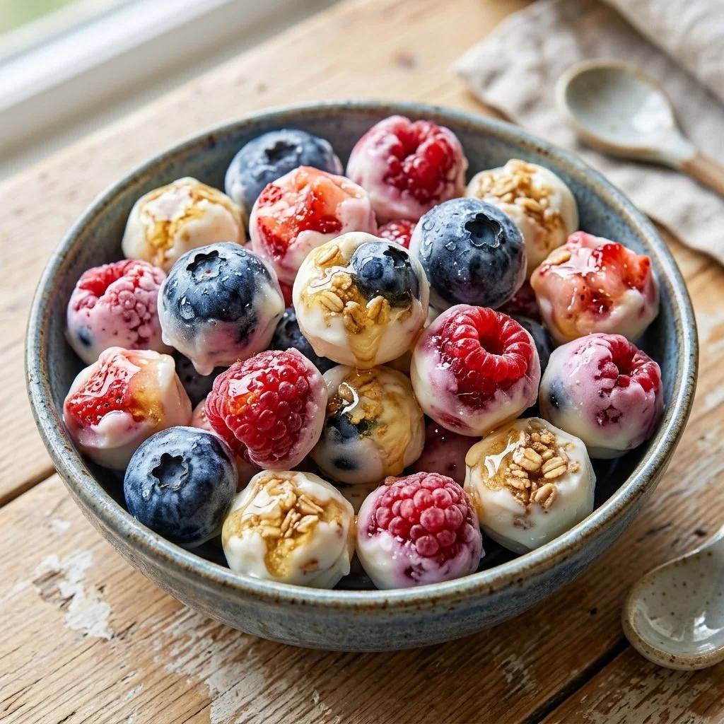 Delicious frozen yogurt bites served in a colorful bowl.
