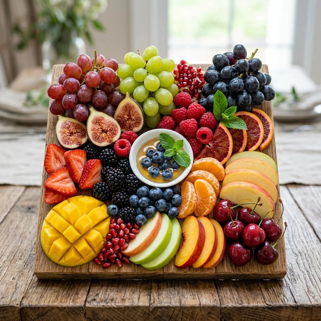 Fruit charcuterie board featuring fresh fruits, nuts, and cheese.