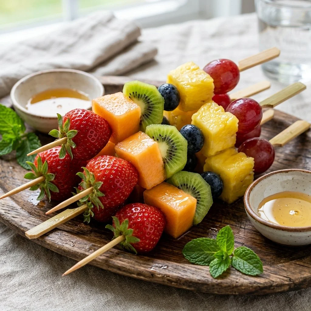 A platter of vibrant fruit kabobs featuring assorted fresh fruits on skewers.