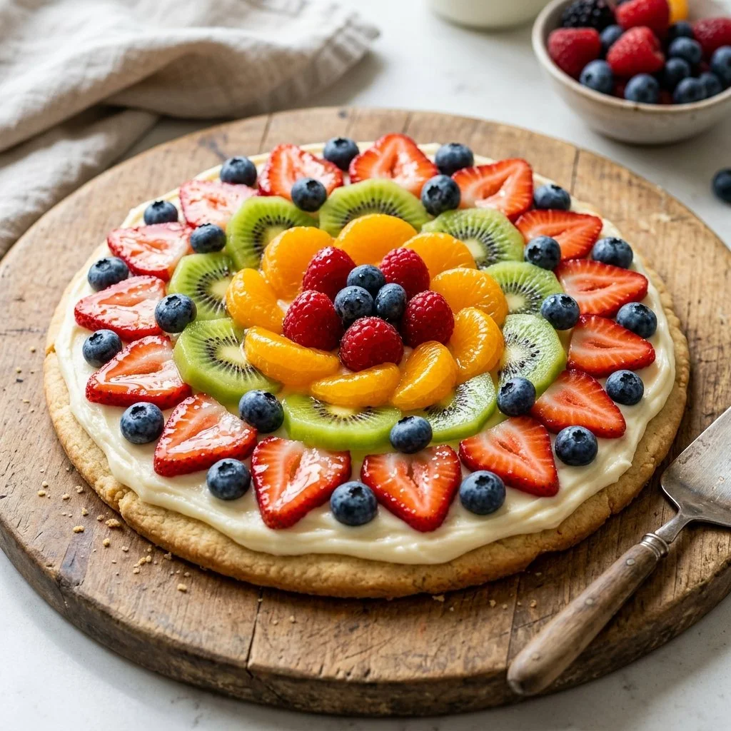 Colorful fruit pizza topped with a variety of fresh fruits on a cookie crust.