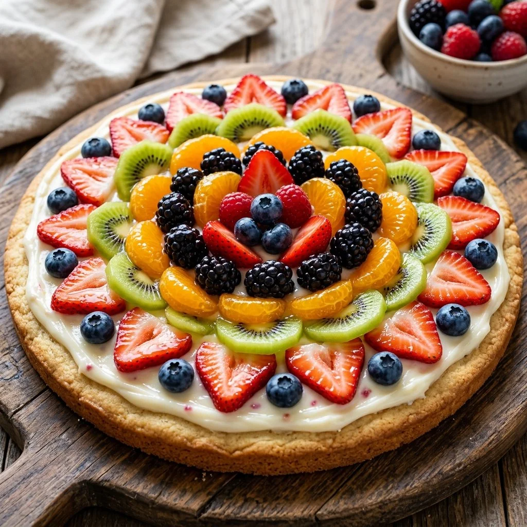 Colorful fruit pizza topped with fresh fruits and creamy frosting