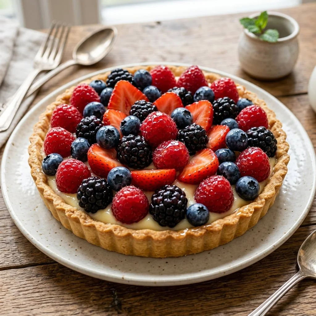 Colorful fruit tart topped with assorted fresh fruits on a crispy crust