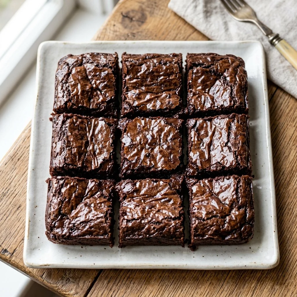 Delicious homemade fudge brownies topped with chocolate drizzle