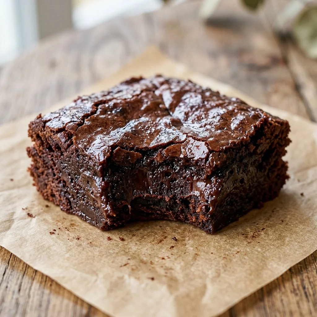 Deliciously rich fudge brownies on a plate with chocolate drizzle and nuts