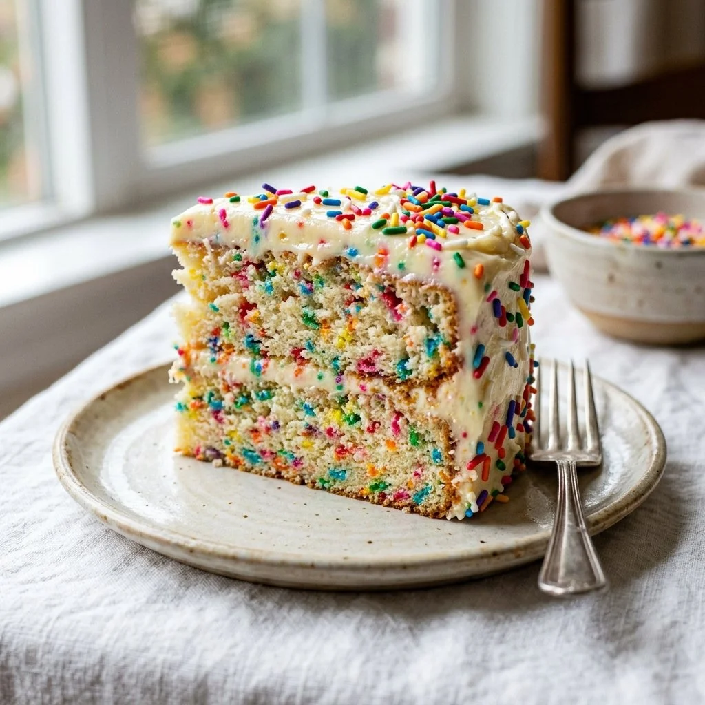 Delicious Funfetti Cake decorated with colorful sprinkles