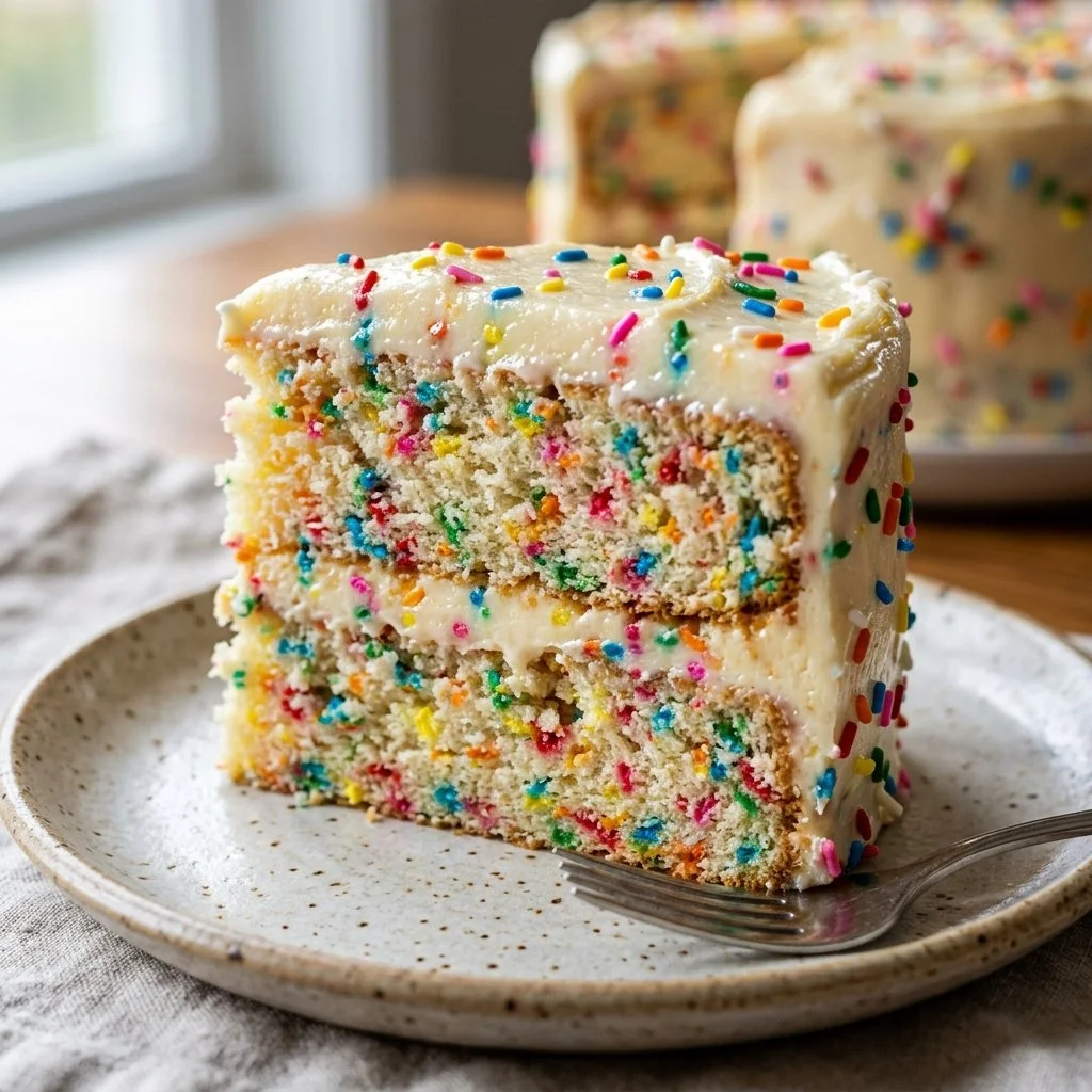 Delicious Funfetti Cake with colorful sprinkles, ideal for celebrations