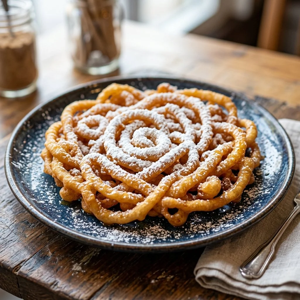 Delicious golden funnel cake topped with powdered sugar and served warm.