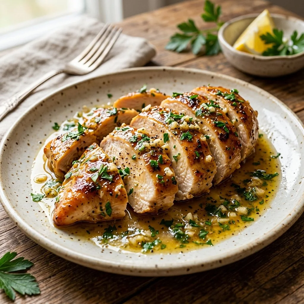 Delicious Garlic Butter Chicken Breast served on a plate with herbs
