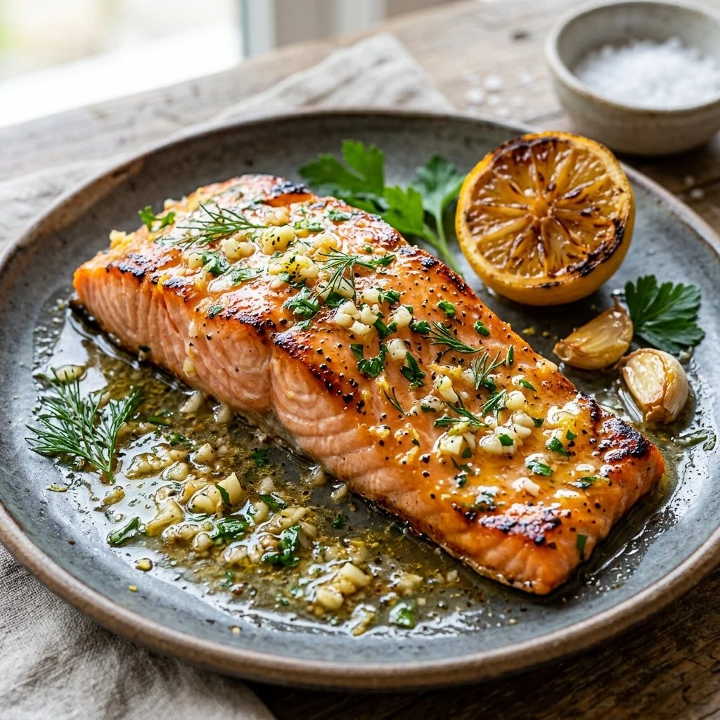 Delicious Garlic Butter Salmon garnished with herbs and lemon slices.