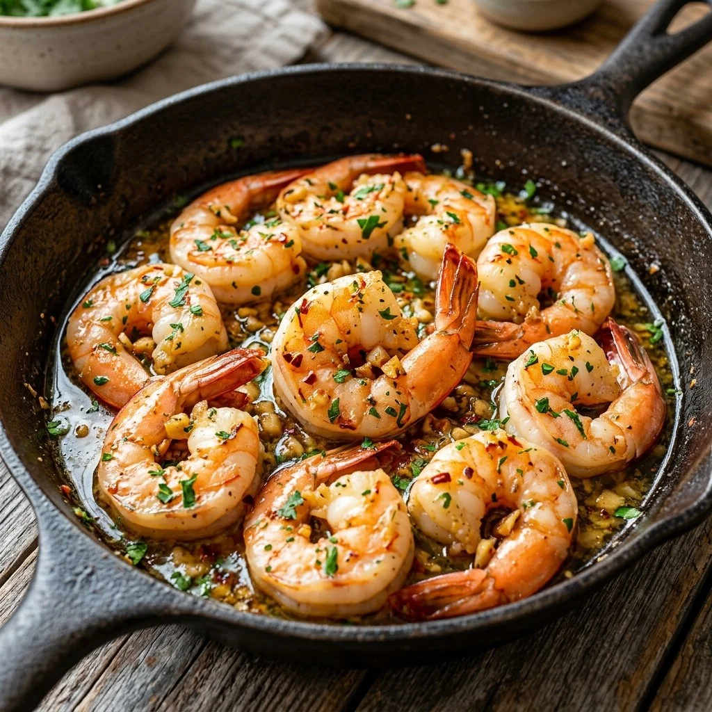 Delicious Garlic Butter Shrimp served with a side of vegetables.